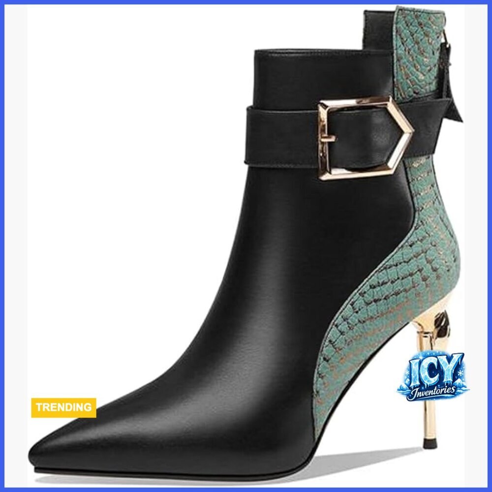 Pointed Toe Stiletto Heel Ankle Boots with Back Zipper PU Leather